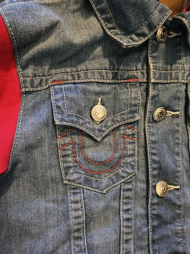True Religion Jacket Men Small Denim Jean Trucker Red Hoodie Sleeves Spellout - Picture 7 of 23