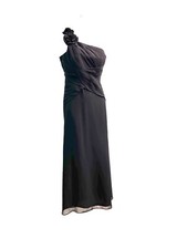 168 Davids Bridal Cocktail Party Sz2 One Shoulder Long Black Chiffon Gown Dress