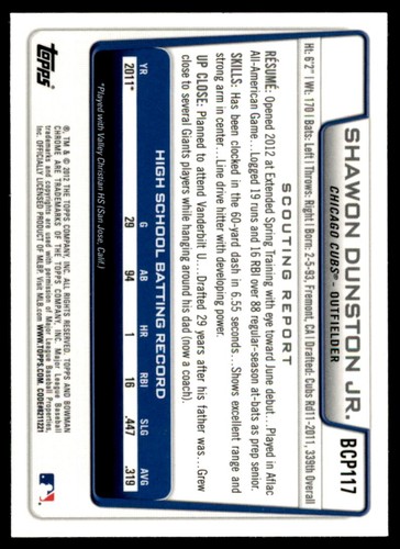 2012 Bowman Chrome Prospects Shawon Dunston Jr. Chicago Cubs #BCP117 - Picture 2 of 2