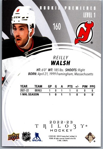 22-23 TRILOGY ROOKIE PREMIERES LEVEL 1 - REILLY WALSH RC /699 #160 DEVILS - Picture 2 of 2