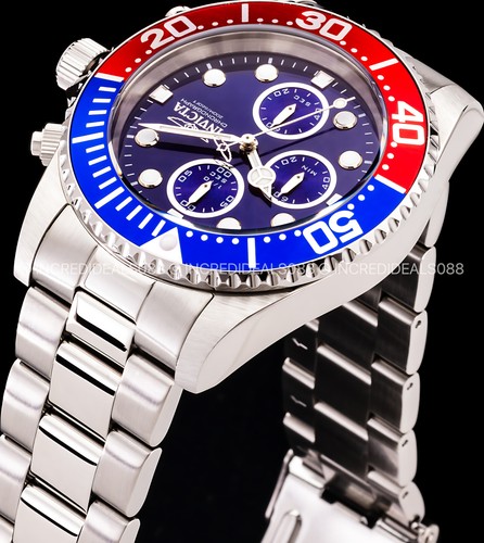 Invicta Mens PRO DIVER CHRONOGRAPH Silver Red Blue Dial 43mm Bracelet SS Watch - Picture 7 of 10