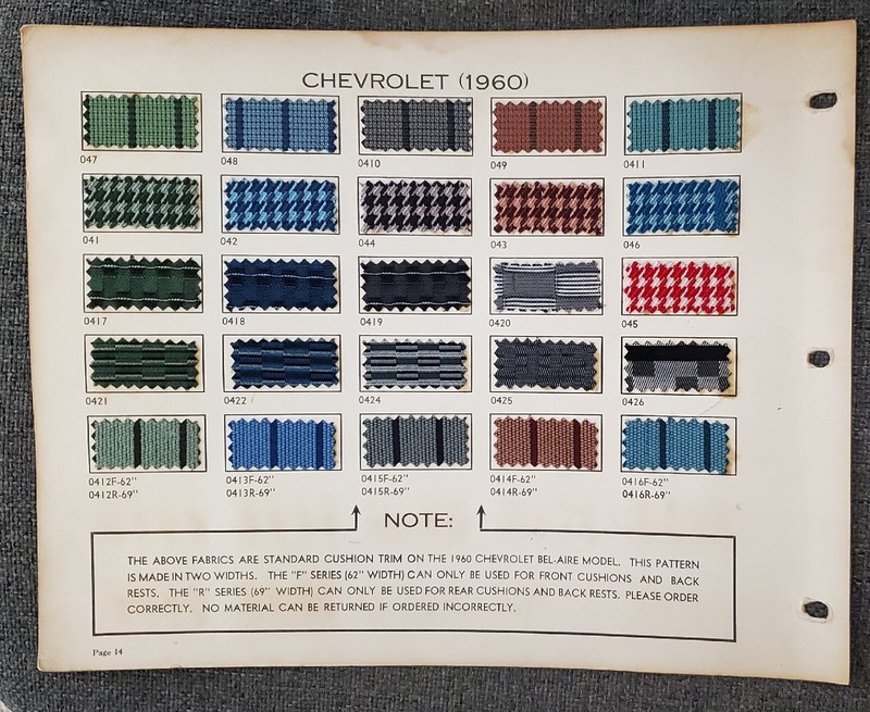 VINTAGE ORIGINAL AUTOMOTIVE INTERIOR TRIM SAMPLE PAGE 1959 60 CHEVROLET VINTAGE ORIGINAL AUTOMOTIVE INTERIOR TRIM SAMPLE PAGE 1959 60 CHEVROLET