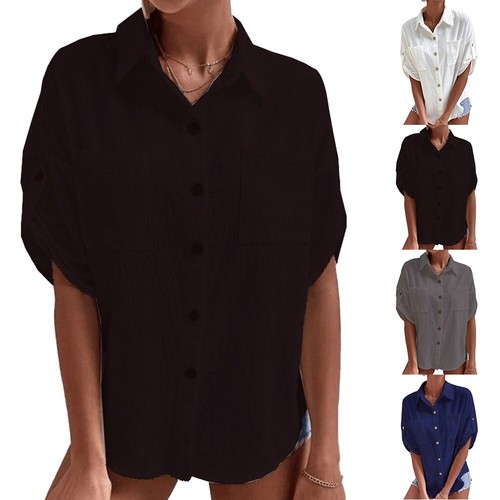Komfort Bluse Kurzarm Oberteil Revers S-2XL S-XXL Weich Baumwollleinen