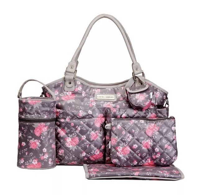 Laura Ashley 6 In 1 Fl Tote Diaper Bag Gray Pink Nwt