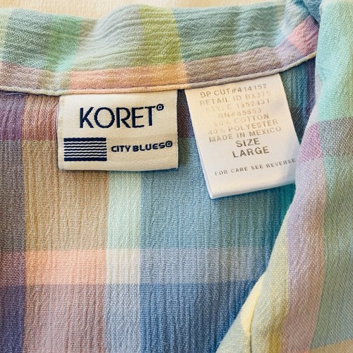 Vintage KORET Womens Sz L Blue Pink Yellow Plaid Short Sleeve Button-Up Blouse - Picture 5 of 5