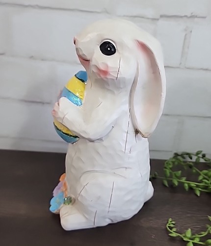 Osterhase Hase Figur Statue Eier weiß Harz Blumen 8 1/2" Frühling Glitzer - Bild 4 von 9