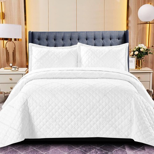 3 Piece Quilted Bedspread Bed Throw Single Double King Size Embossed Bedding Set - Picture 18 of 49