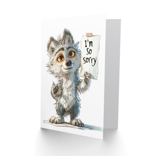 Süßer frecher Wolf Welpe hält Entschuldigungsschild Cartoon Entschuldigungskarte - Bild 2 von 6