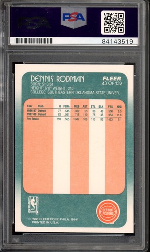 1988 Fleer #43 Dennis Rodman Rookie Autograph Signed Card PSA Authentic AUTO - Picture 2 of 2