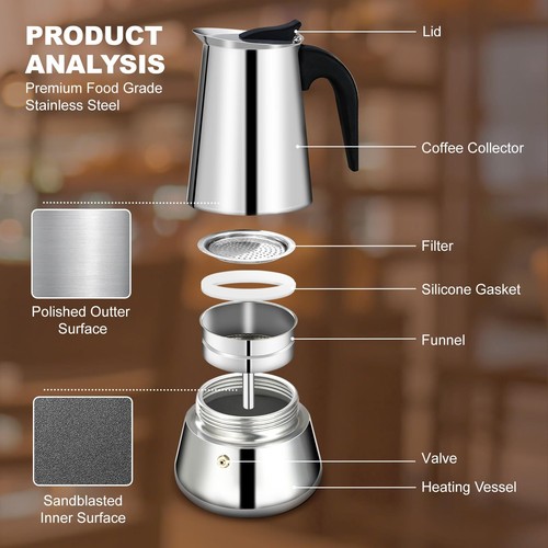 2-Cup Stovetop Espresso Maker 100ml Stainless Steel Moka Pot for Home & Camping - Picture 4 of 9