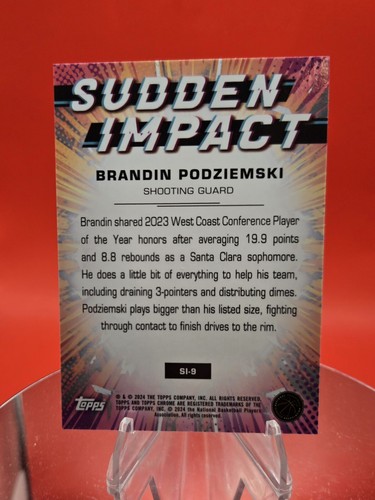 2023-24 Topps Chrome Sudden Impact Blue Refractor Brandin Podziemski RC #SI-9 - Picture 3 of 3
