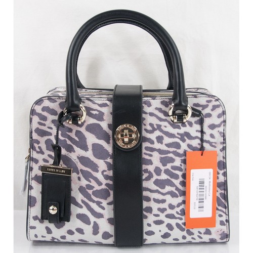 Karen Millen Purple Ivory Suede Leopard Black Leather Large Satchel NWT  - Picture 1 of 8