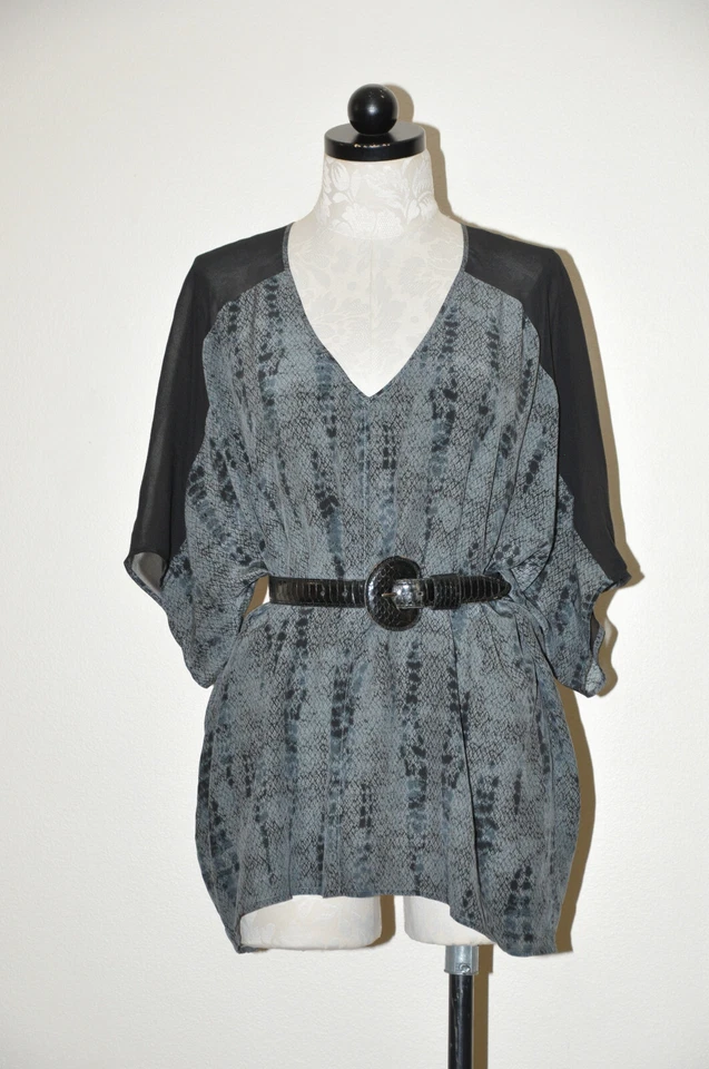 Blusa Top Mujer Eileen Fisher Gris Negro Bloques de Color Seda Transparente Estampado Animal XL Foto 3 de 4