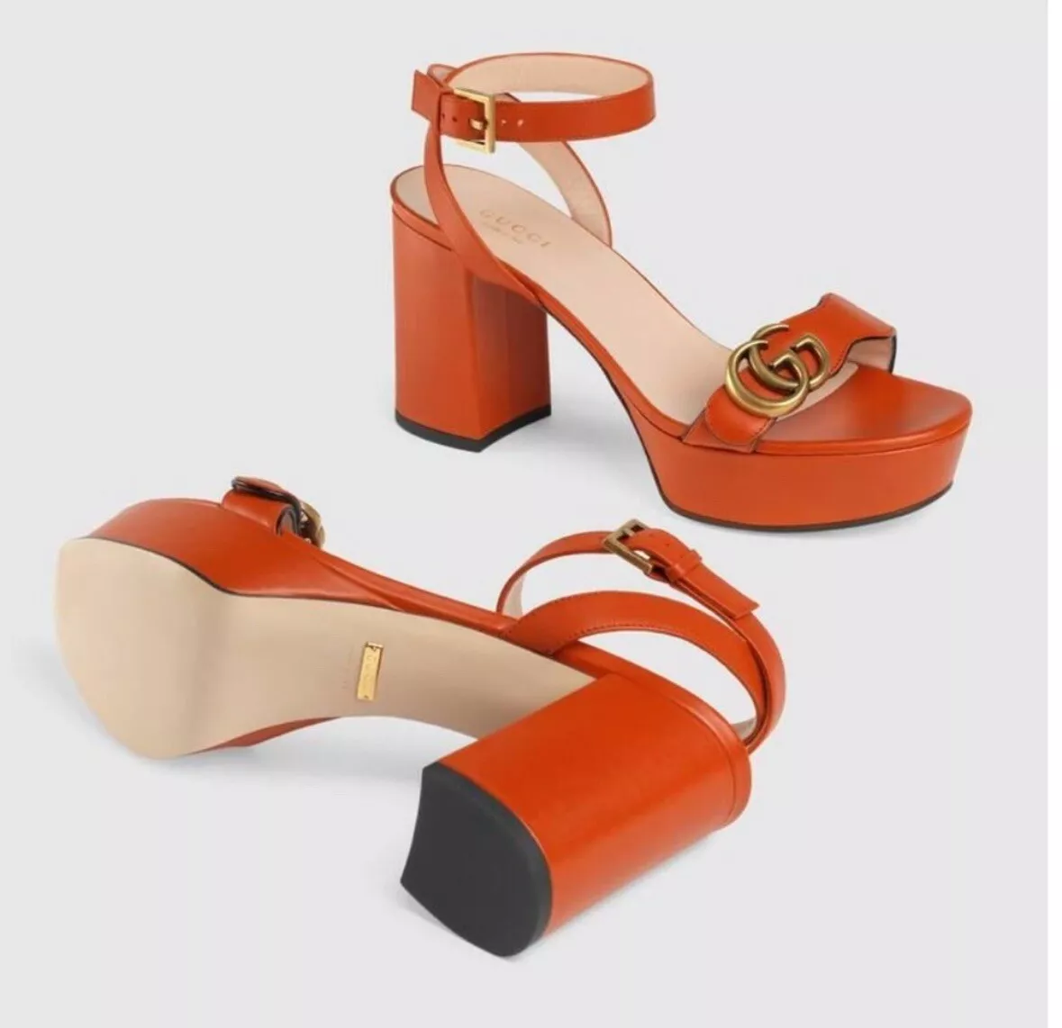 Gucci 100 % authentique 7 US 37 EU orange cuir or GG Marmont sandales chaussures talons
