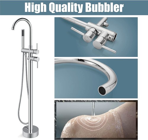 Floor Mount Free Standing Brass Bathtub Faucet Waterfall Tub Filler Hand Shower - Picture 15 of 124