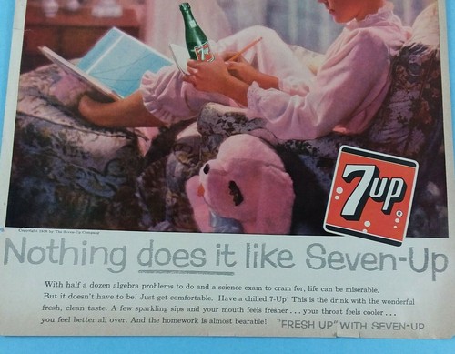 Vtg 1958 7UP Soda Pop Fresh Clean Taste Print Ad Girl Doing Homework Wall Art - Picture 3 of 3