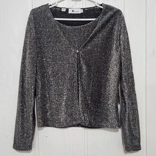 AB Studio Women's Petite M Gray Metallic 2 in 1 Layered Cardigan Tank Top Blouse