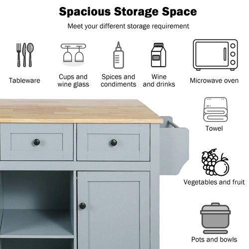 Kitchen Island w Rubber Wood Top, Storage Racks, Cabinet & 3 Drawers, Grey Blue - Picture 6 of 15