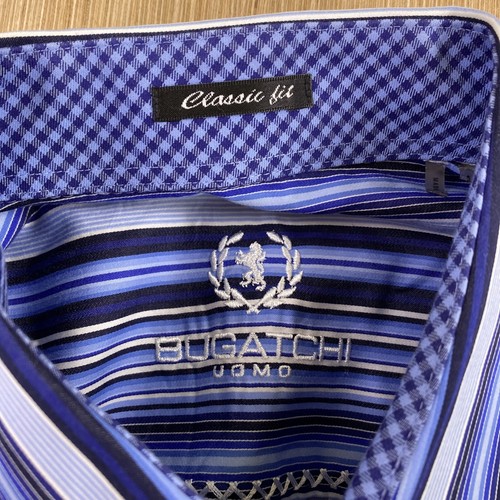 Camisa Bugatchi Uomo Botón Para Hombres Mediana Azul Código de Barras Rayas Clásica Club Fiesta - Imagen 8 de 12