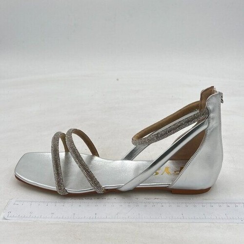 FYS Silver Sparkly Rhinestone Strappy Flat Ankle Strap Walking Back Zip Sandal - Picture 2 of 8