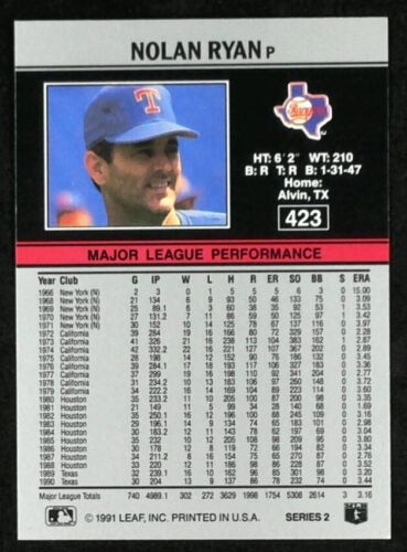 1991 Leaf Nolan Ryan #423 BASEBALL Texas Rangers - Picture 2 of 2