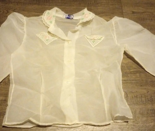 Vintage 50s Top Girls Sz 4t Blouse 100% Nylon Sheer Embroidered Button Up Shirt - Picture 2 of 16