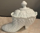 VTG White Milk Glass Hobnail Victorian Shoe Boot w/ Lid Candy Dish