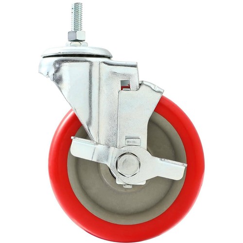 Paquete de 4 ruedas giratorias de vástago de 5 pulgadas con freno lateral rojo poliuretano - Imagen 7 de 10