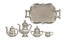 Miniature Dollhouse Silver Tea Set With Tray 1:12 Scale New G8456