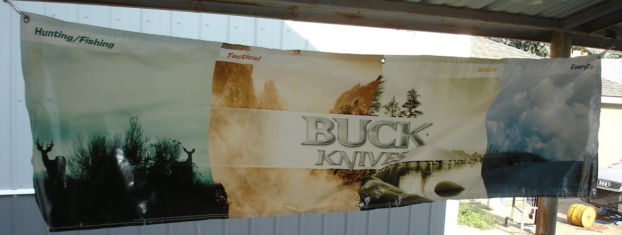 1 BUCK KNIFE KNIVES 4 SEASONS VINYL BANNER 81" X 21" RIGHT OUTTA FACTORY STORAGE