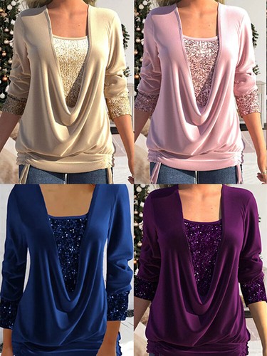 Womens Summer Tunic Tops Ladies Long Sleeve Sequins Shirts Blouse Plus Size Te · - Picture 6 of 18