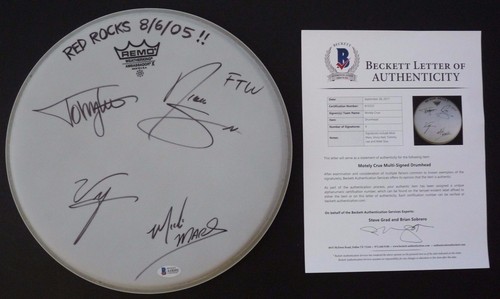 Cabezal de batería Motley Crue All 4 Band Firmado Autografiado Beckett Certificado BAS 12" - Imagen 1 de 3