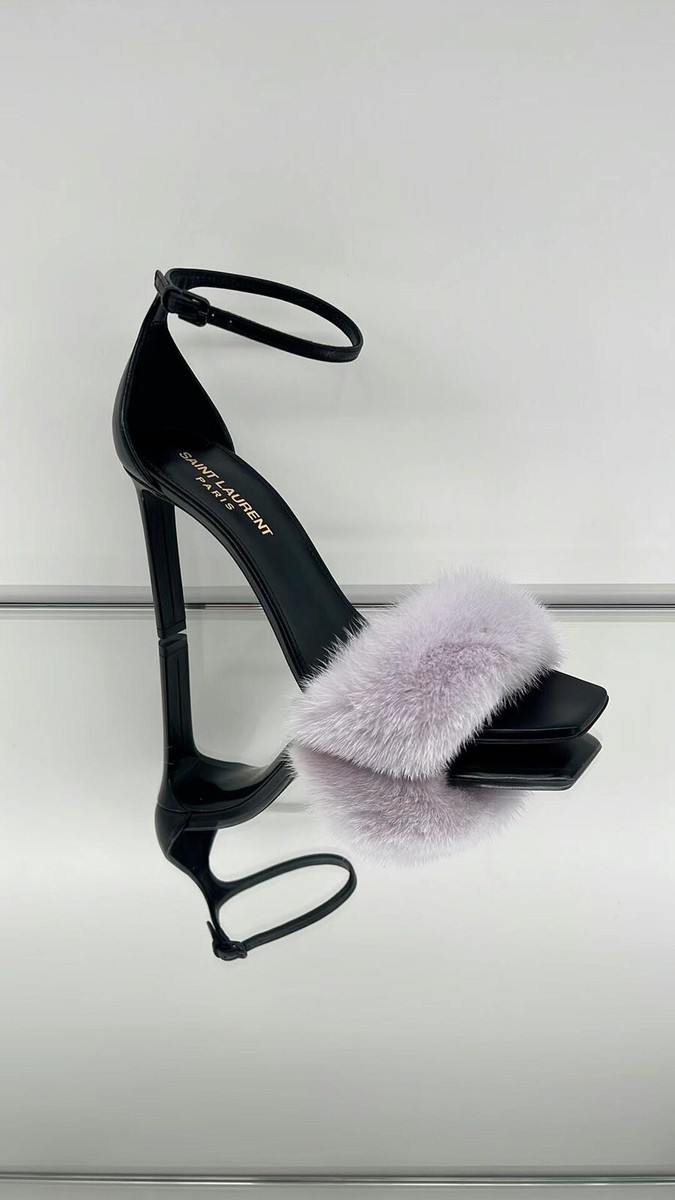 Ysl Saint Laurent Sandals With 3.35” Heels And Faux Fur In Ysl Saint Laurent Sandals With 3.35” Heels And Faux Fur In
