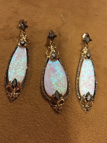 Sterling Silver Gold Vermeil Light Gilson Opal Pear Shape Earring & Pendant Set - Picture 10 of 12