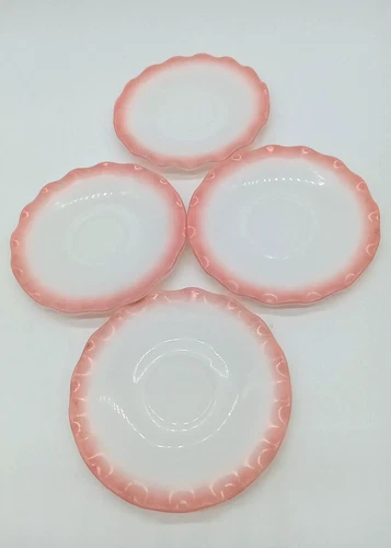 Vintage 1950s Hazel Atlas Pink Crinoline Ripple Milk Glass Set of 4 Saucers