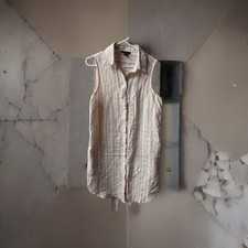 Saks Fifh Avenue Linen Shirt Dress Womens Medium Pink Stripe ButtonUp Sleeveless