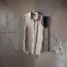 Saks Fifh Avenue Linen Shirt Dress Womens Medium Pink Stripe ButtonUp Sleeveless