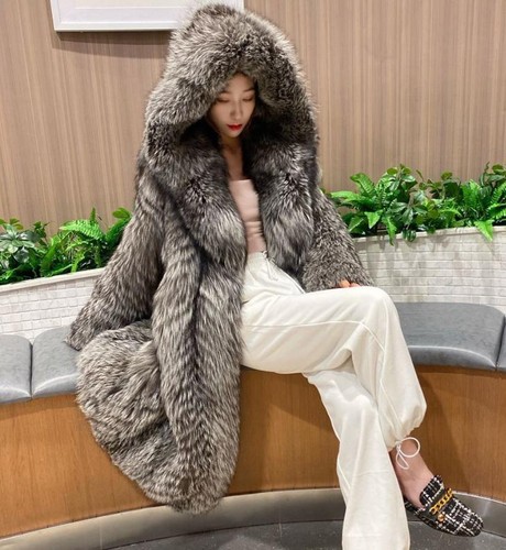 Damen Kunstfell Silber Fell Kapuze Mittellang Winter Warm Mantel Parka Luxus Sexy - Bild 5 von 10