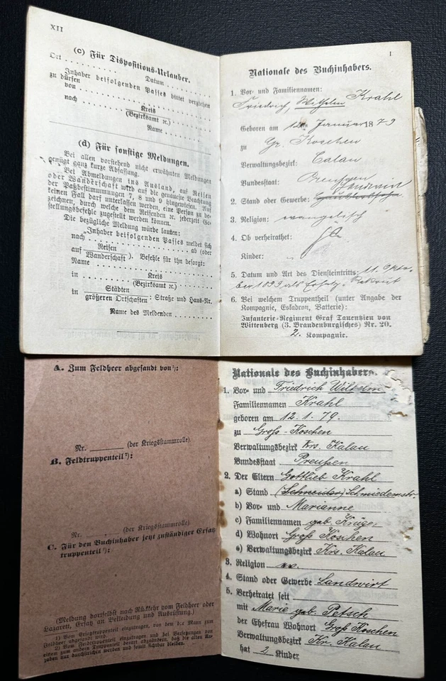 Original WWI German Army Soldbuch & Military Pass KRAHL Wounded Poland Bzura 191 - Image 2 of 4