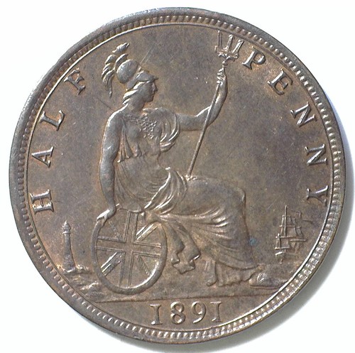 G.B. MEDIO PENIQUE REINA VICTORIA 1891 (KM#754) RB SIN CIRCULAR - Imagen 1 de 2