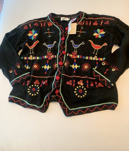 Vintage Sweater Cardigan AOP Granny Core ART Peacock Whimsy Embellished XL NWT - Picture 5 of 15