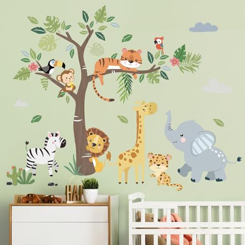 Calcomanías de pared de animales de la selva árbol elefante jirafa león safari pared C - Imagen 2 de 6