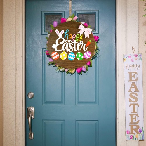 Easter Door Decor Hanging Sign- Rustic Wooden Bunny Sign Wreaths brown - Picture 4 of 7