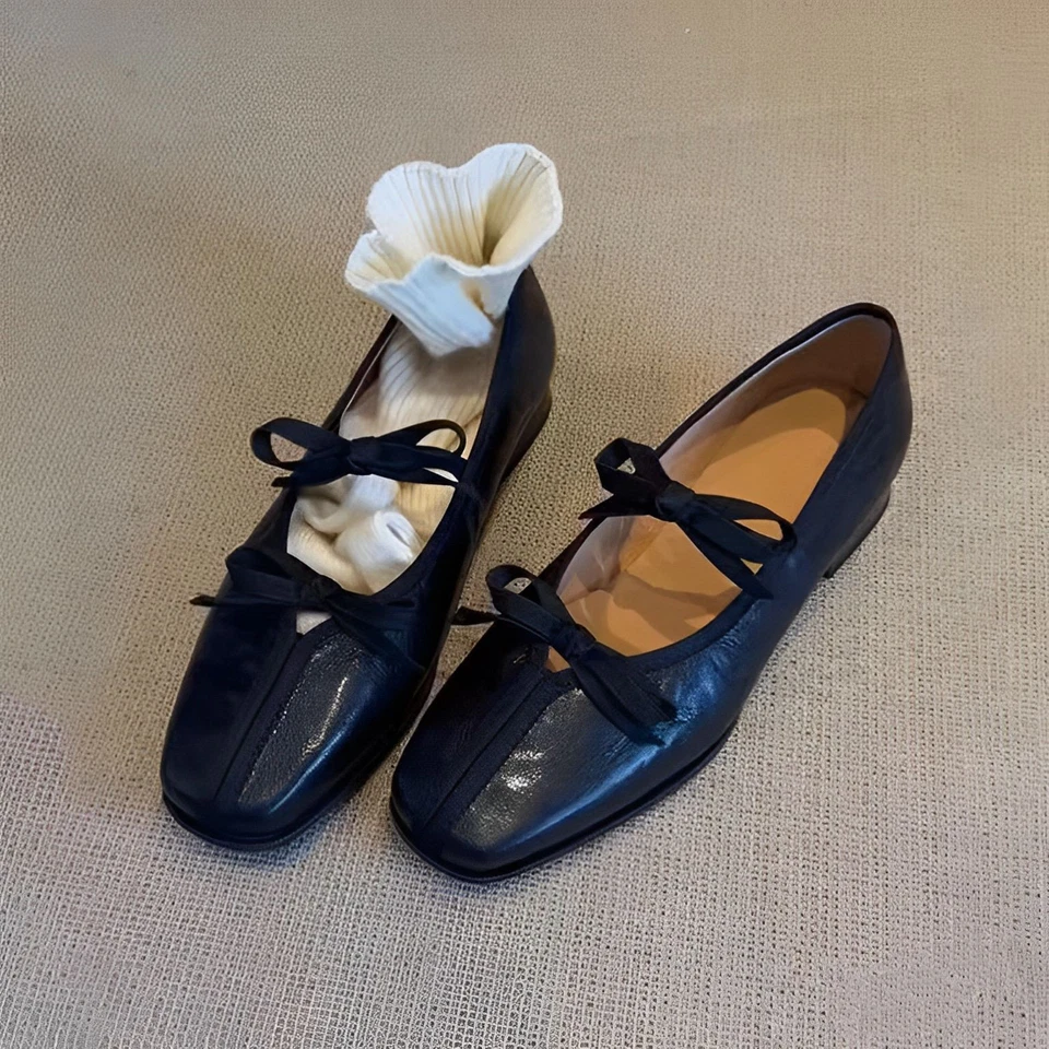 Ретро французский стиль женщин кожаный банта Мэри Джейн низкий блок каблук плоскостях туфли SZ - Изображение 4 из 4