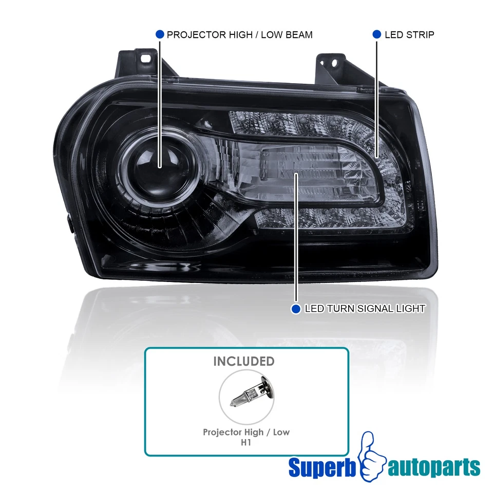 Fits 2005-2010 Chrysler 300 LED Signal Projector Headlights Glossy Black Smoke - Image 3 of 4
