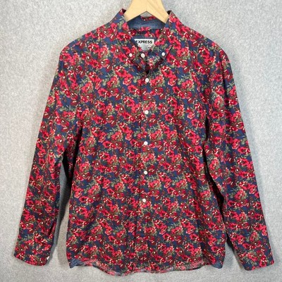 Express Classic Soft Wash Mens Floral Button Up Shirt Red Navy Blue Poppy M