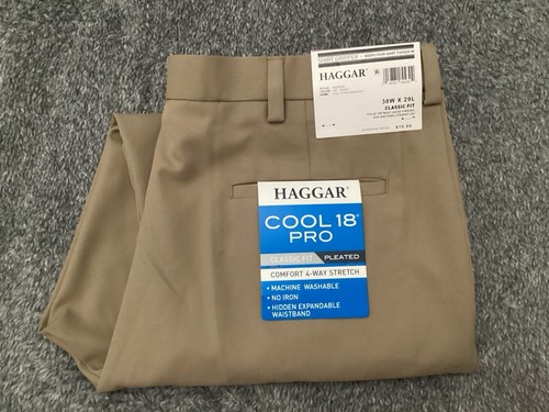 HAGGAR Cool 18 Pants Classic Fit Pleated Expandable Waist Wicking Khaki 38x29 - Picture 8 of 9