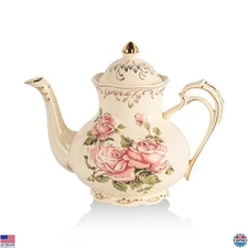 YOLIFE Iovry Vintage Floral Teapot - 35oz Ceramic Pot with Infuser & Gold Trim