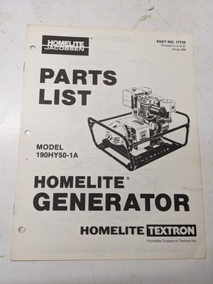 #ad HOMELITE PARTS LIST BOOK CATALOG MANUAL GENERATORS 190HY50 1A 17732 TEXTRON $12.99