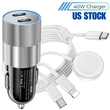 For Apple Watch Series 10 9 8 7 iPhone USB C Magnetic Cable 40W Fast Car Charger